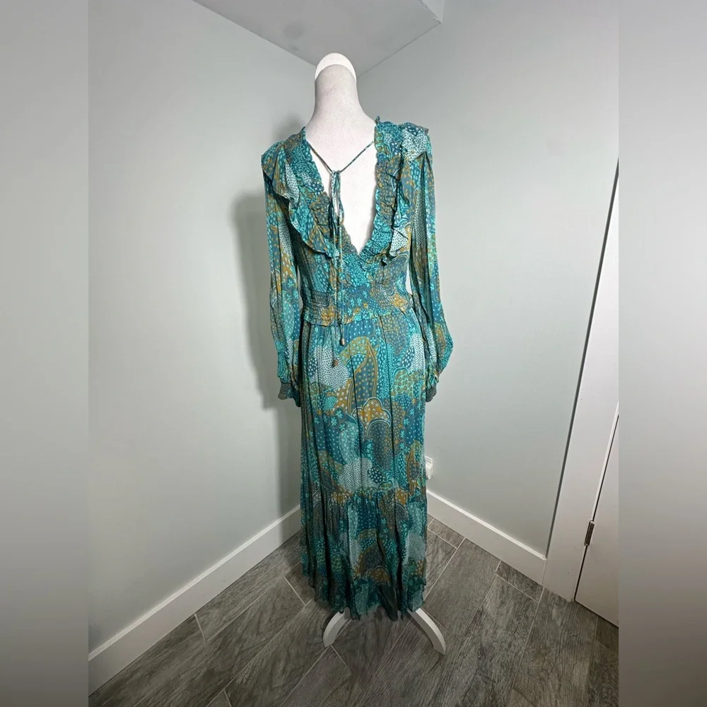 NEW Anthropologie The Odetta Ruffled V-Neck‎ Maxi LS flowy Dress Teal Size  M - Picture 10 of 17